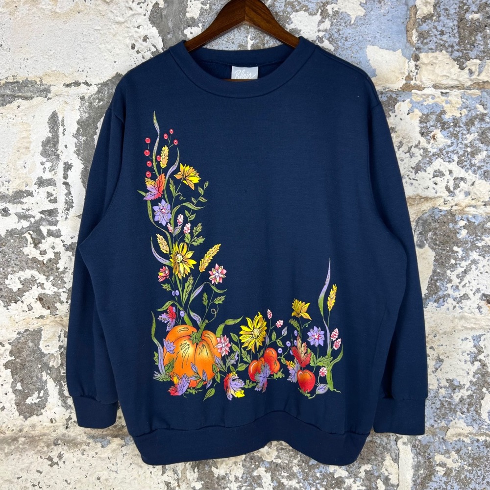 Vintage Blair Floral Pumpkin Sweatshirt Navy Fall Graphic Womens 2XL
